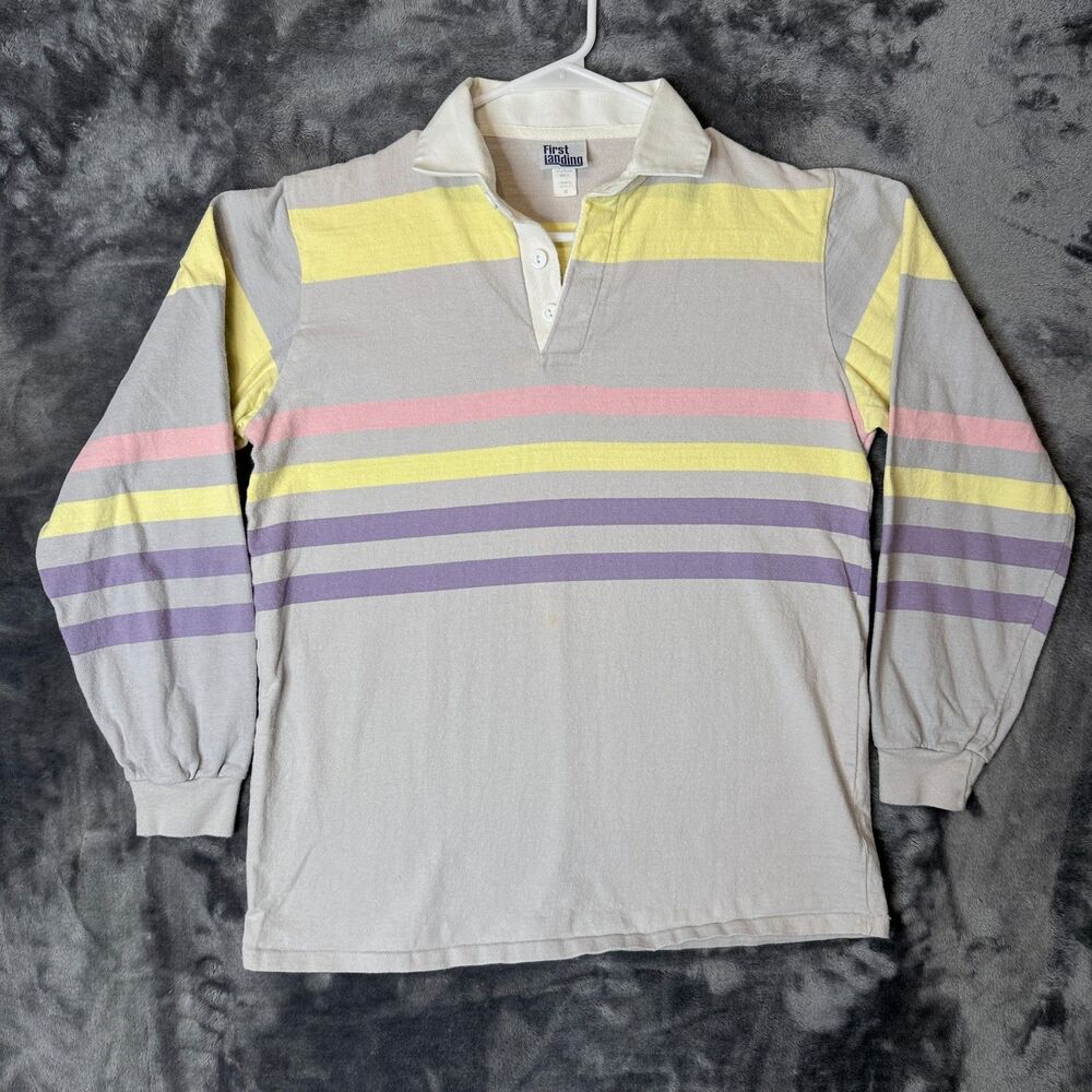Vintage First Landing Polo Rugby Long Sleeve Collard Shirt Size Medium